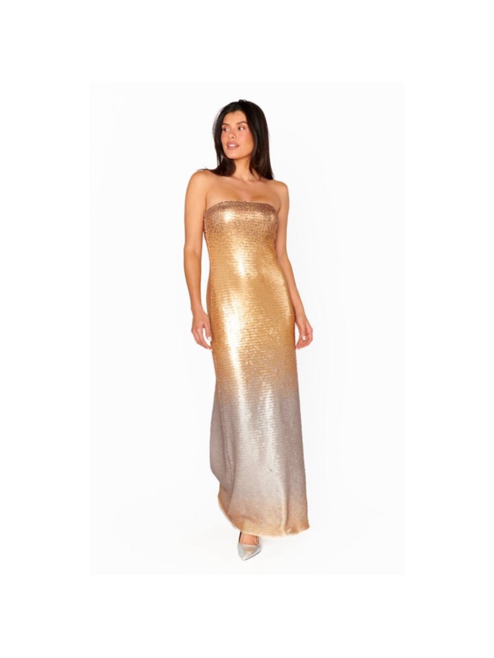 Show Me Your MuMu Gold to Silver Ombre Sequin Strapless Maxi Dress